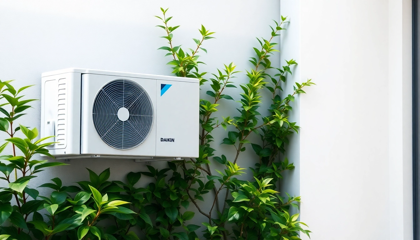 Showcase of a daikin mini split AC unit installed on a modern wall amidst greenery.