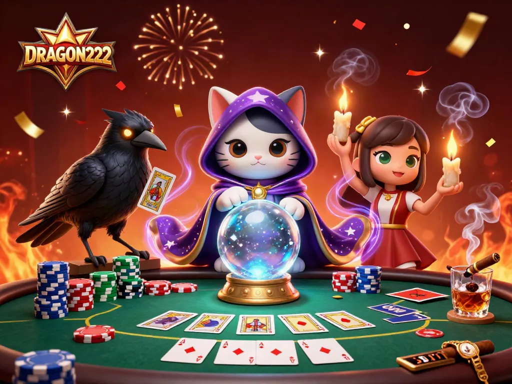 Experience thrilling poker action with DRAGON222, featuring a mystic fortune teller cat and glowing raven.