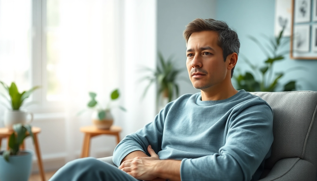 Person portraying anxiety symptoms in a calming therapy environment with soft lighting.