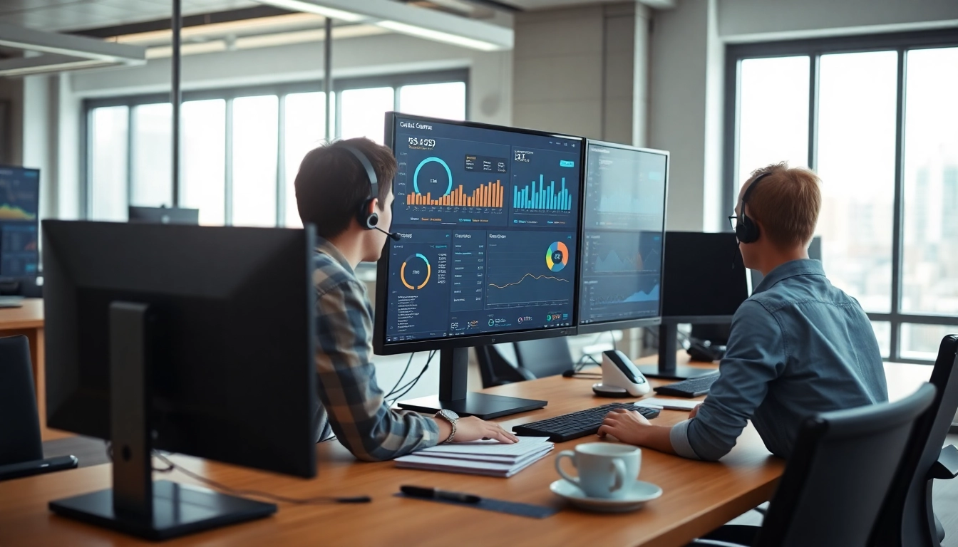 Showcase advanced call centre software interface in an engaging workspace.