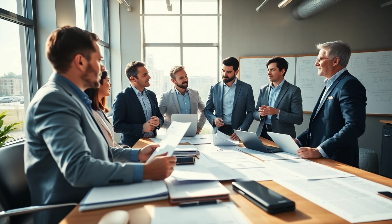 Consultants discussing strategies for federal and state contracts in a modern office setting.