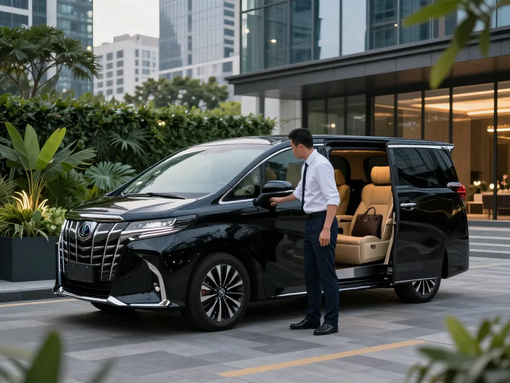 Cho thuê ô tô sang trọng với dịch vụ cho thuê xe Toyota Alphard, đi kèm tài xế chuyên nghiệp và vẻ đẹp đô thị.