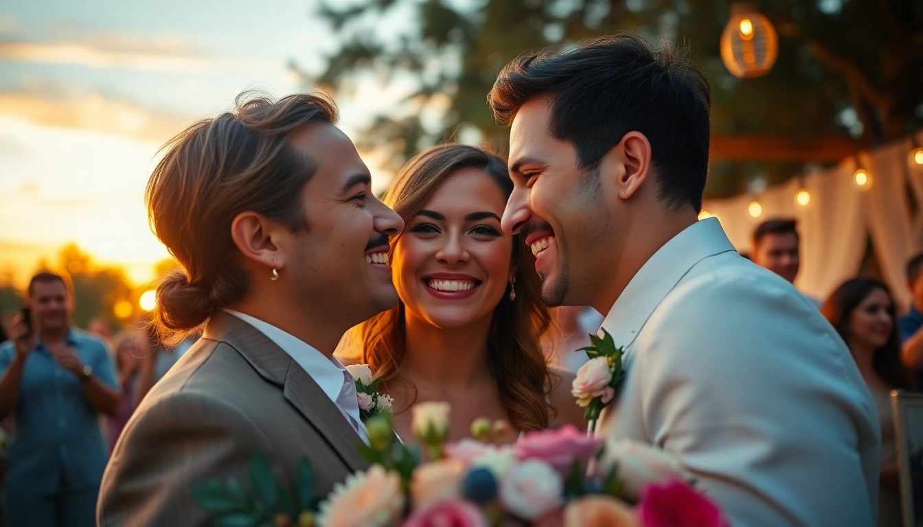 Professional photographer Tampa capturing a joyful wedding moment with a sunset background.