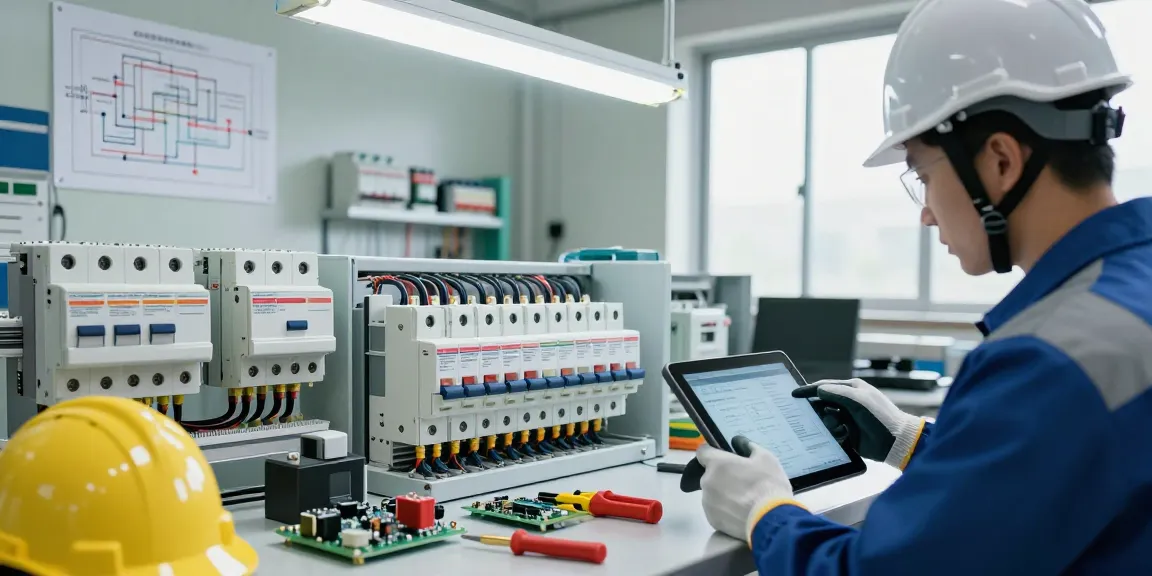 Moulded case circuit breaker technician inspecting MCCB components in an industrial workshop with safety gear.