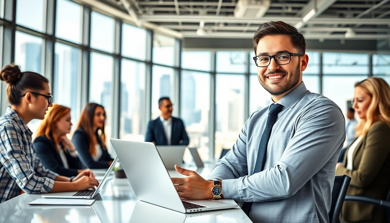 Engaging enterprise assistant collaborating with team in a modern office environment.