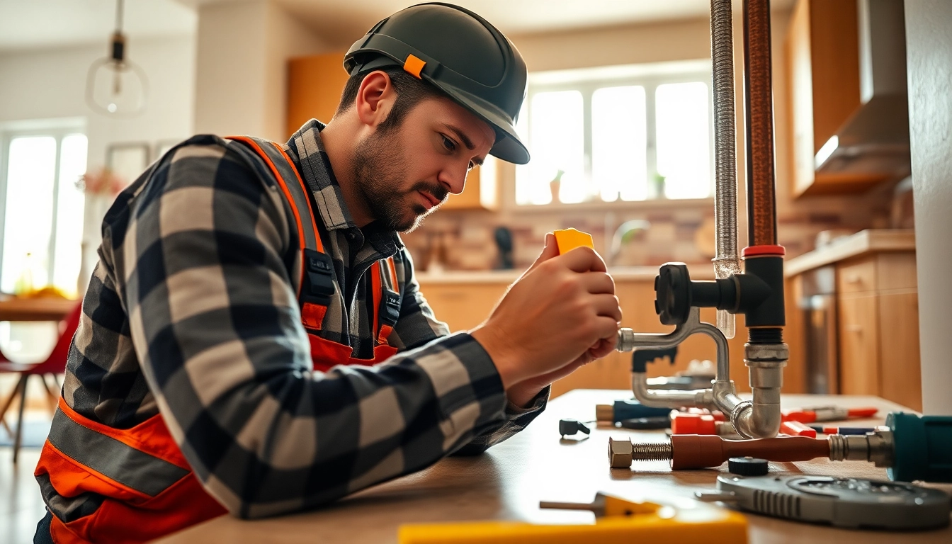 Plumbing apprenticeship in action with a professional plumber fixing pipes in a modern kitchen.