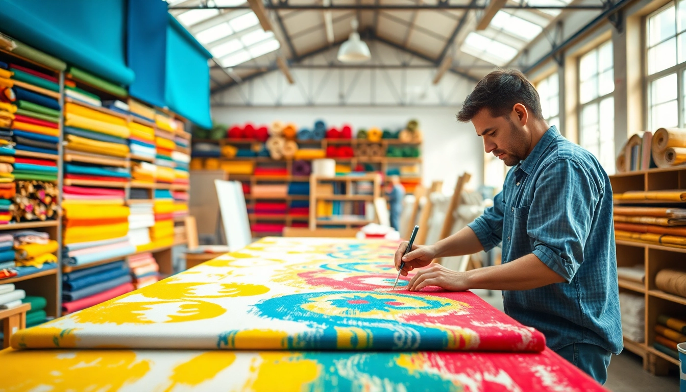 Authentic canvas stoffen displayed in a vibrant textile workshop setting.