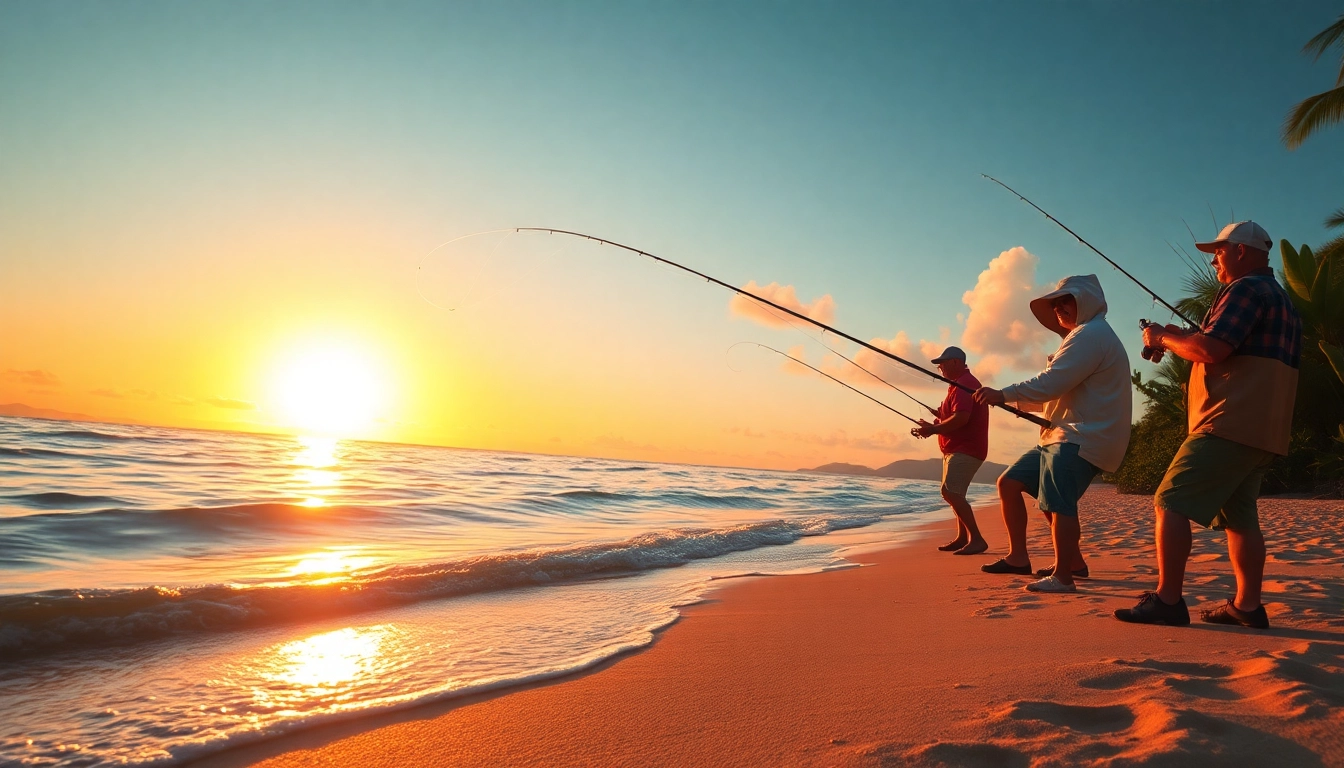 Anglers actively engaging in saltwater fly fishing against a beautiful sunset backdrop.