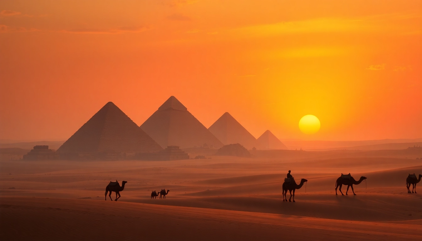 Experience the timeless beauty of piraminds against a stunning sunset backdrop.