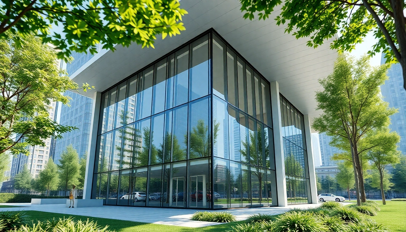 Moderne 3D Visualisierung erstellen von einem architektonischen Gebäude in urbaner Umgebung.