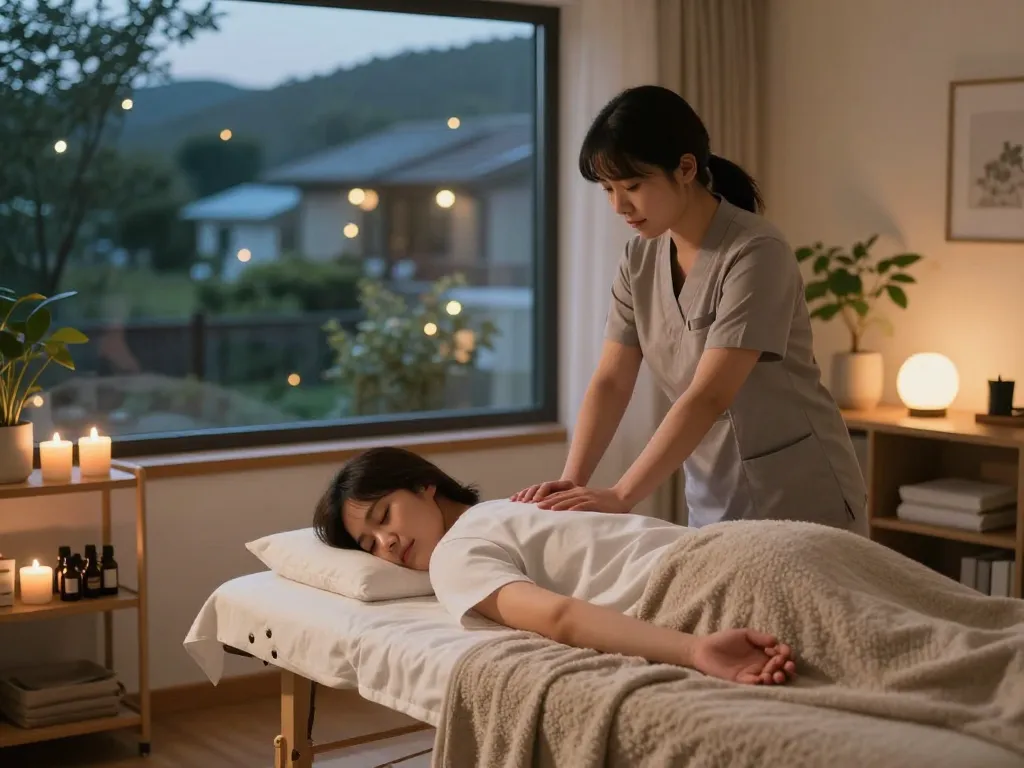Experience a calming 부천 출장마사지 in a serene home setting, with ambient lights and therapeutic essentials.