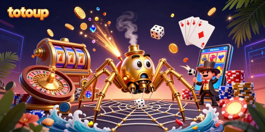 totoup's vibrant casino adventure with a golden spider, cascading coins, and spinning roulette.