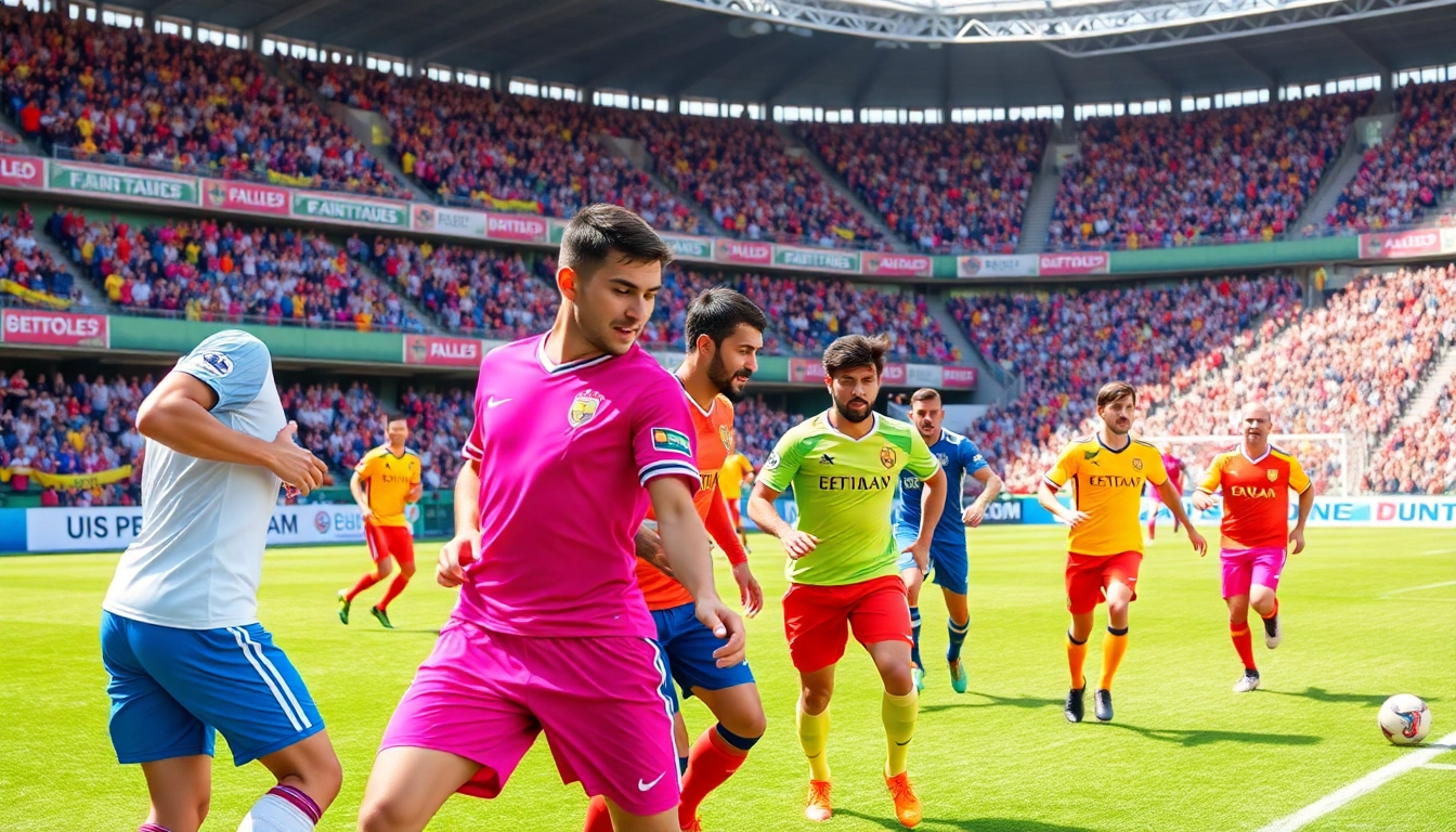 Players showcasing team football kits in a dynamic soccer match with bright colors.