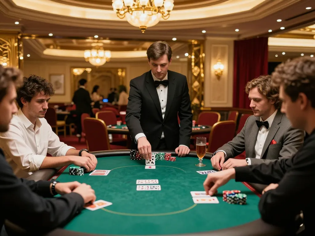 CEMESLOT poker game in an upscale casino with players strategizing their bets