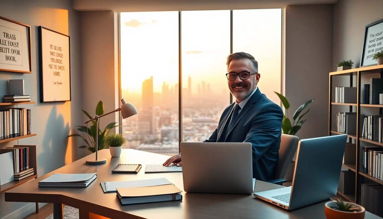 Business coach Los Angeles guiding clients in a bright and motivational office.