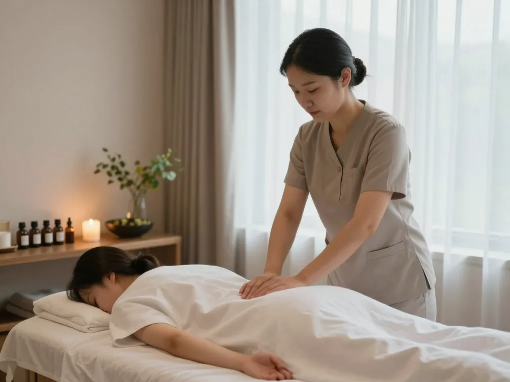 Relaxing 인계동마사지 session taking place in a serene therapy room with calming decor.