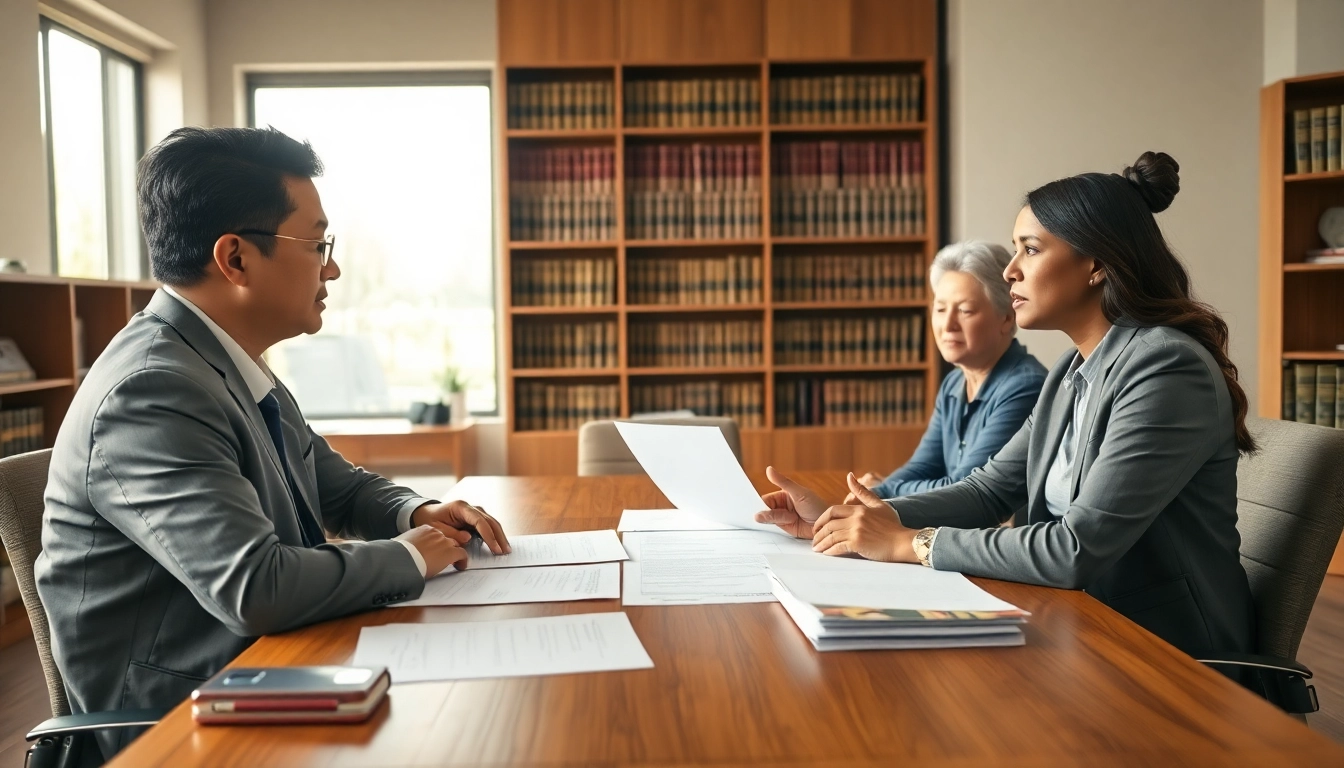 Eminent domain lawyer consulting with diverse clients in a professional law office.