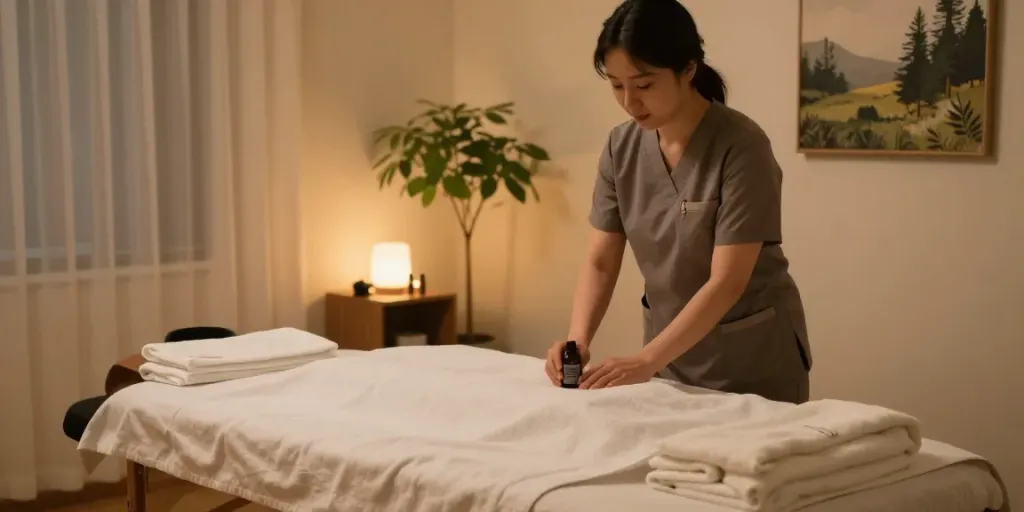 In-home setting of a relaxing mobile 수유동출장마사지 service, featuring therapist preparing oils and towels.