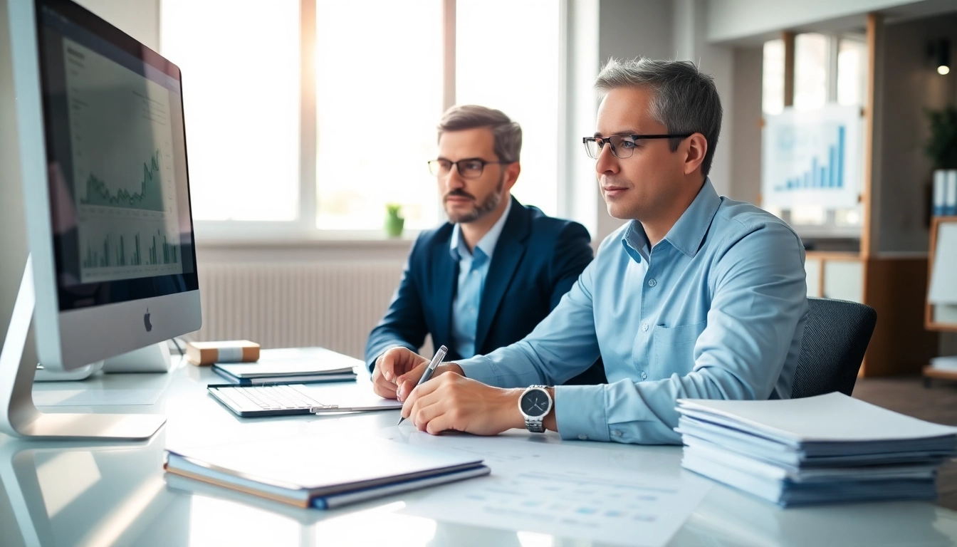 Consultant analyzing contracts and grants documents in a bright office setting.