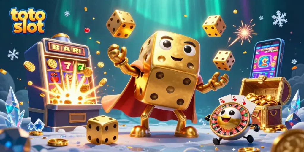 Bermain toto slot dengan karakter 3D ceria yang melempar dadu emas dalam suasana kasino yang meriah.