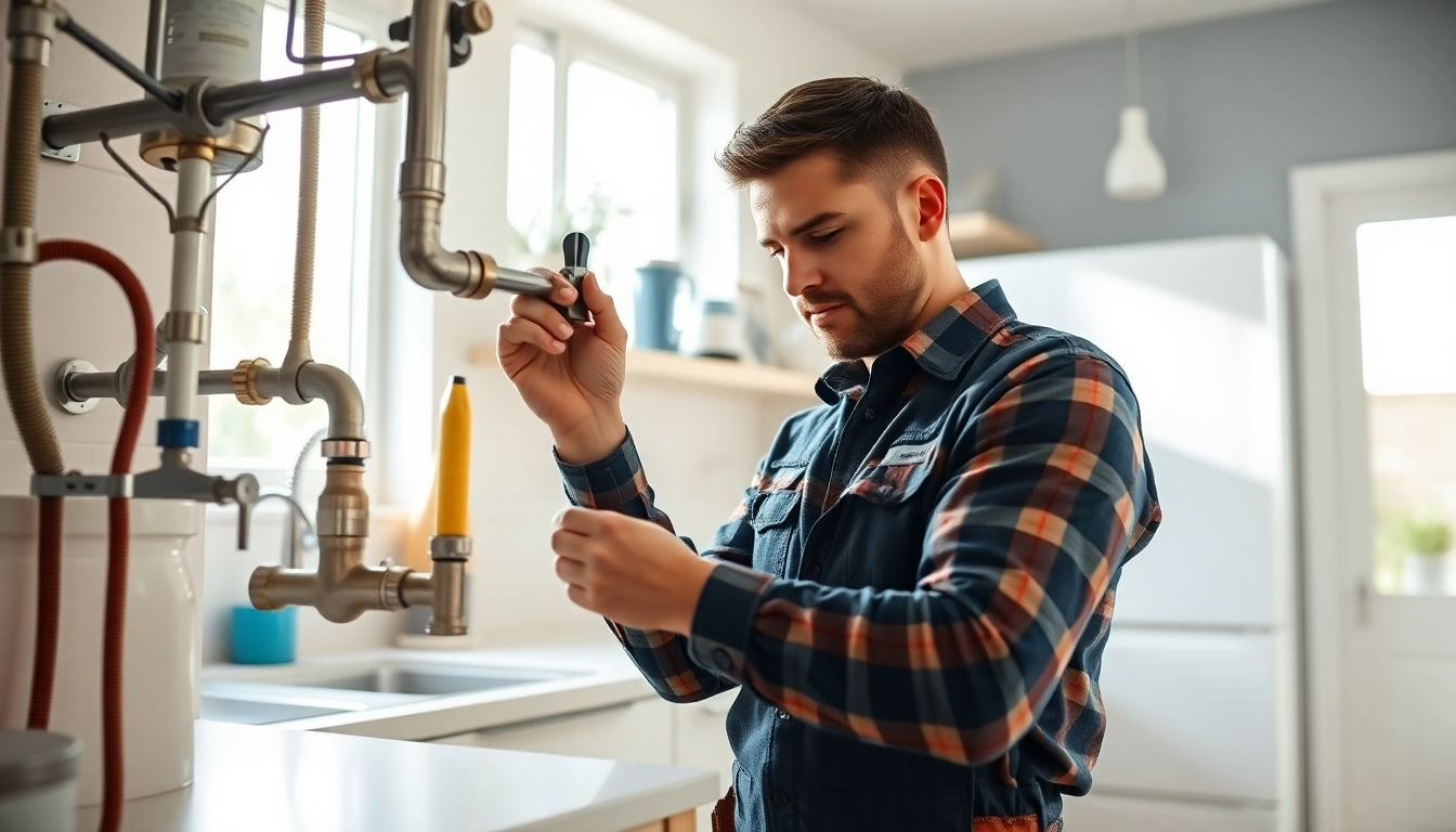 Plumber near me fixing a leaky pipe in a modern kitchen setting with tools and fixtures.