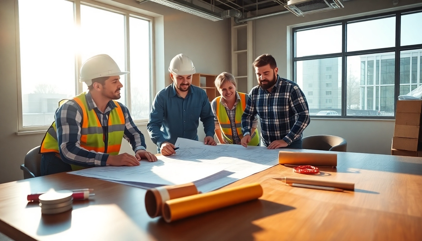 Builders discussing plans for the Texas association of builders in a collaborative office.
