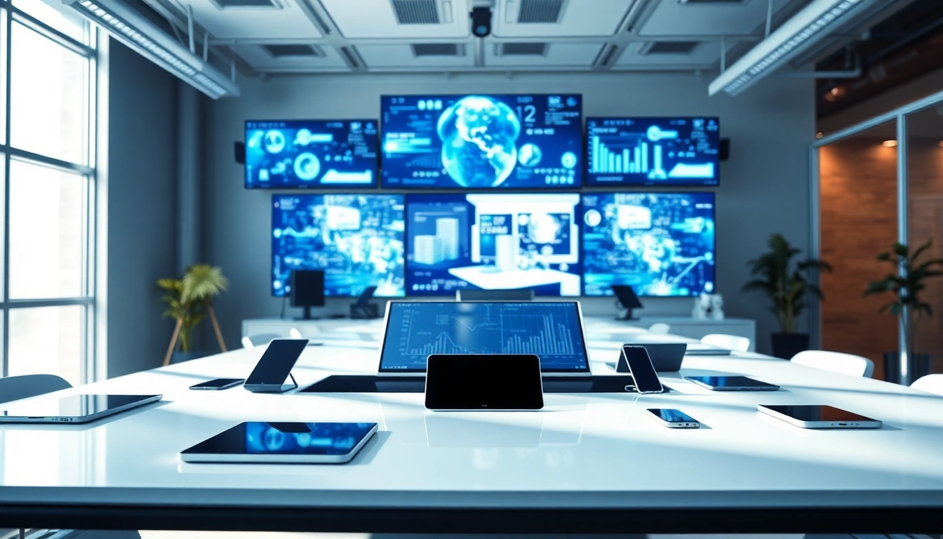 Engaging visual showcasing Technology in a modern office, highlighting advanced devices and innovation.