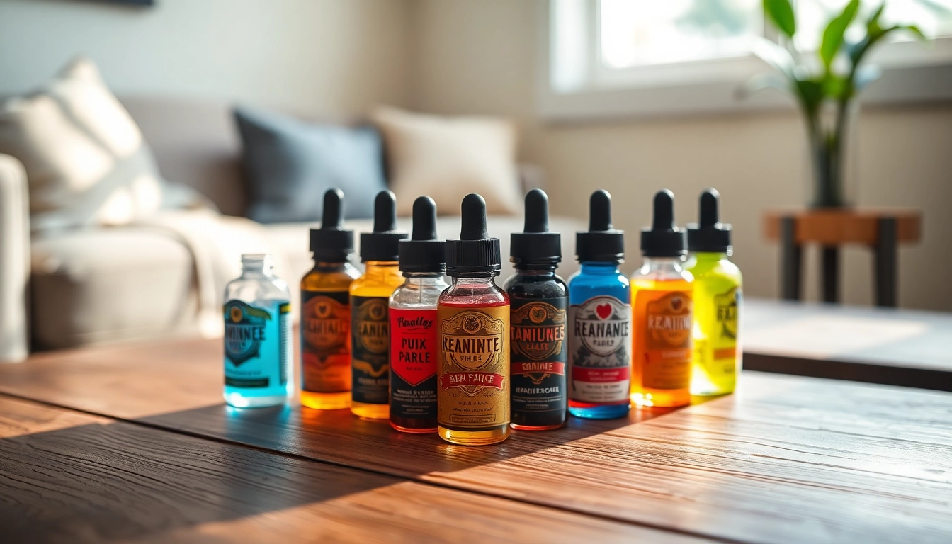 Showcasing vibrant vape juice bottles on a wooden table with warm lighting.