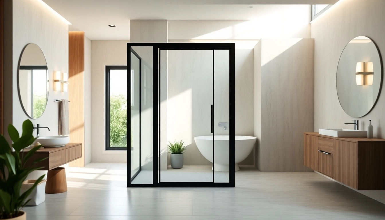 Modern bathroom featuring a stylish shower door black frame, enhancing the sleek decor.