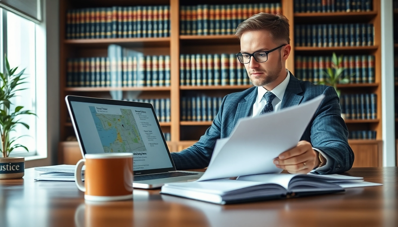 Empowered eminent domain lawyer analyzing property impact documents in a modern office.