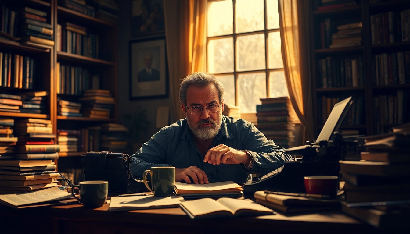 Action thriller author passionately writing in an atmospheric study, surrounded by manuscripts.