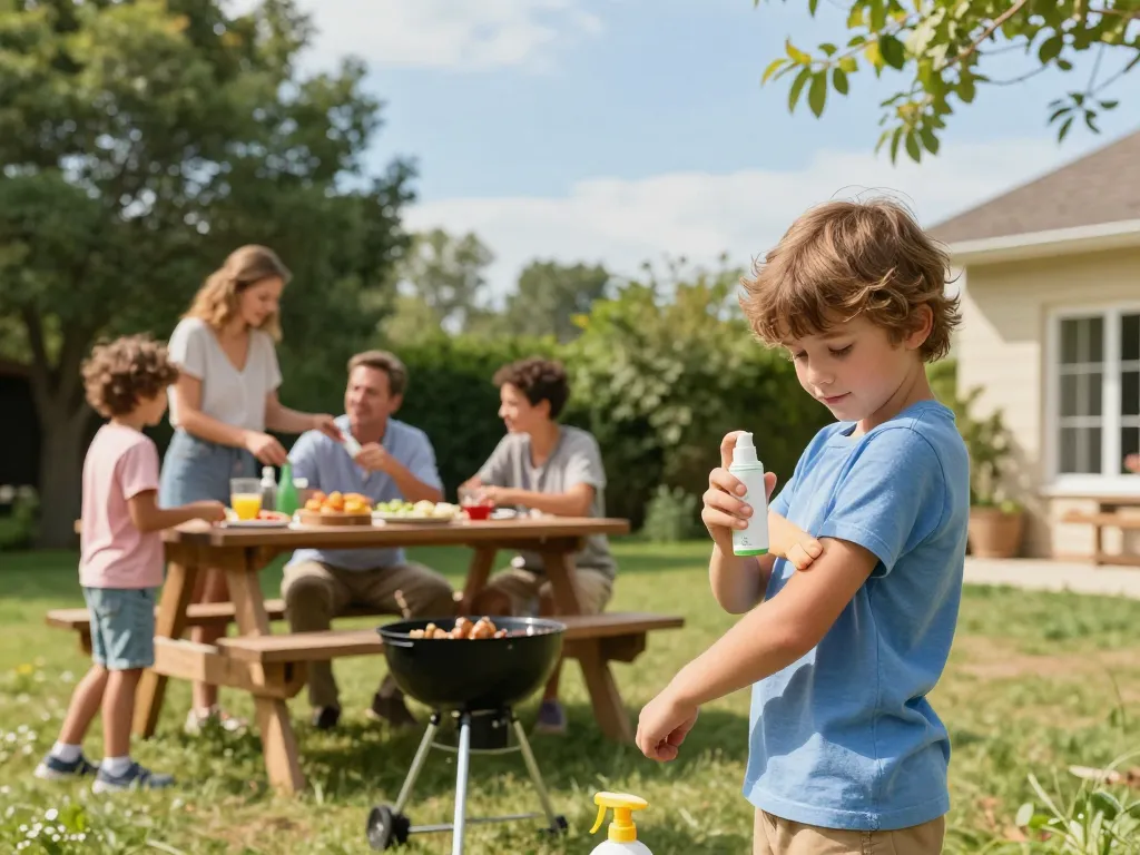 Family applying mosquito repellent while enjoying a summer barbecue outdoors, ensuring protection from insects.