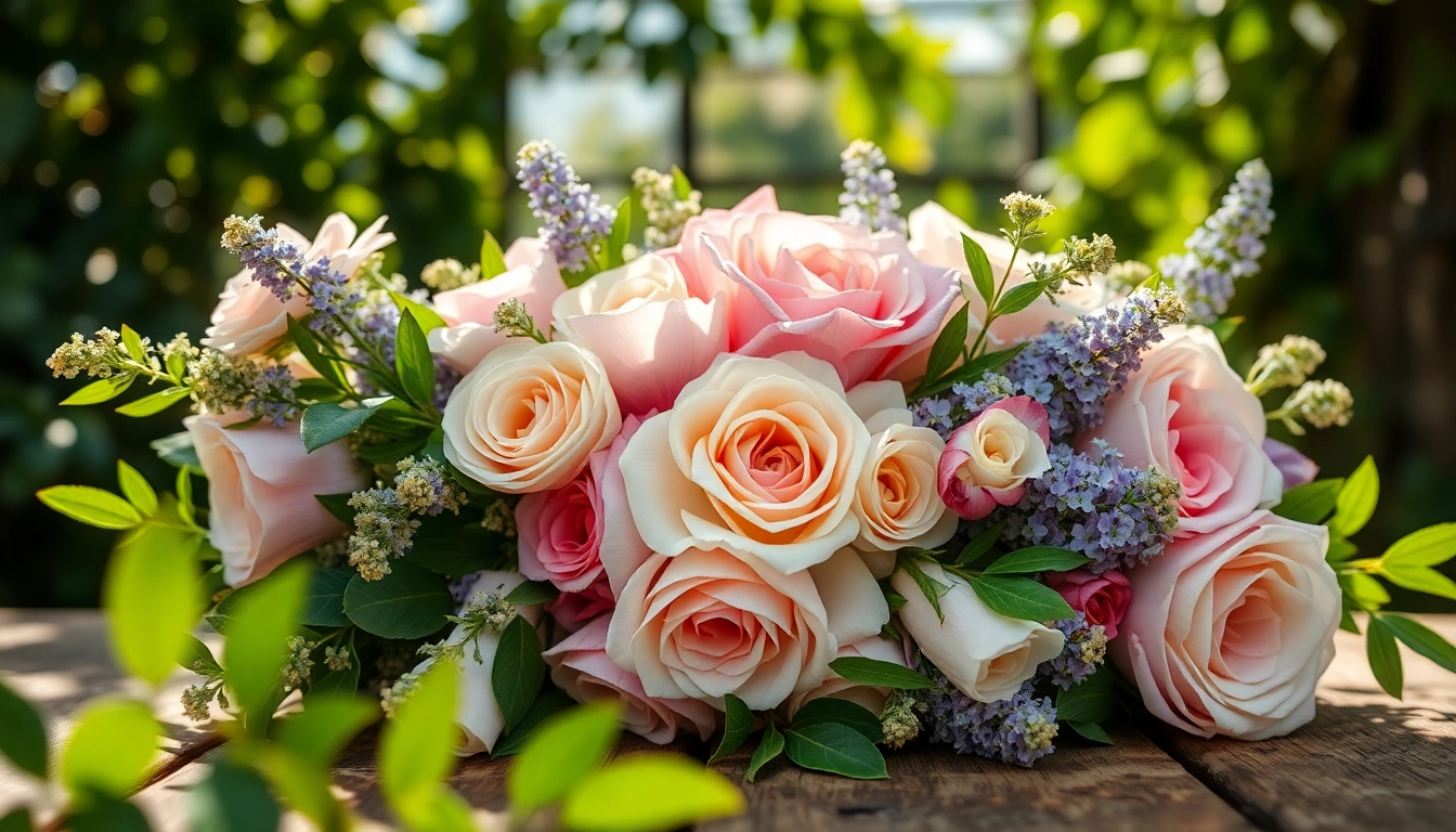 Arrange stunning wedding flowers in a romantic setting on a rustic wooden table.