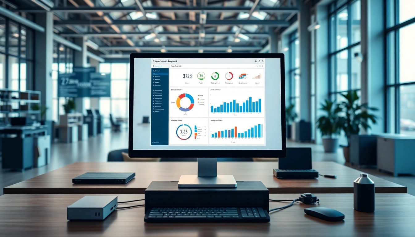 Depicting supply chain management software on a computer screen in a modern office environment.