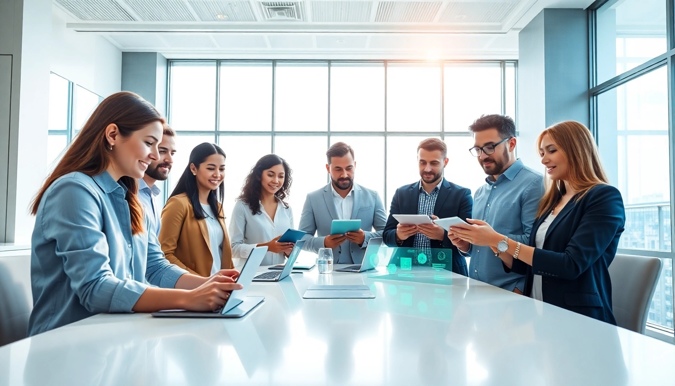 Showcasing enterprise search ai in a collaborative workspace with diverse team members integrating technology.