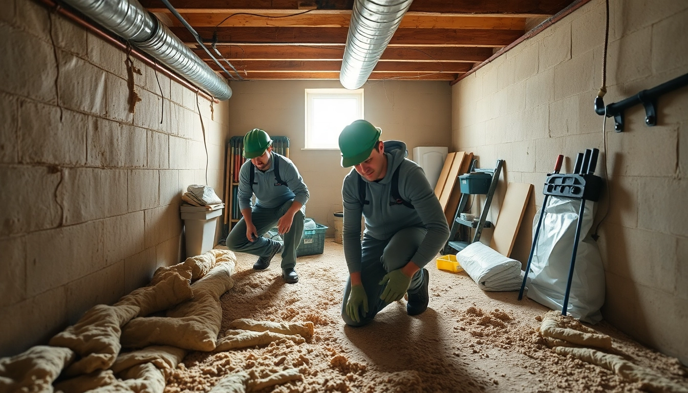 Crawl Space Restoration process with professionals inspecting insulation and applying vapor barriers.