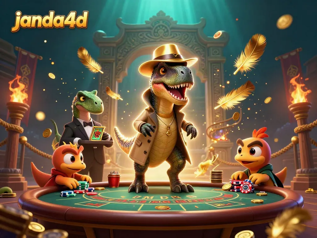 JANDA4D menciptakan pengalaman bermain yang menyenangkan dengan karakter dinosaur di meja blackjack.