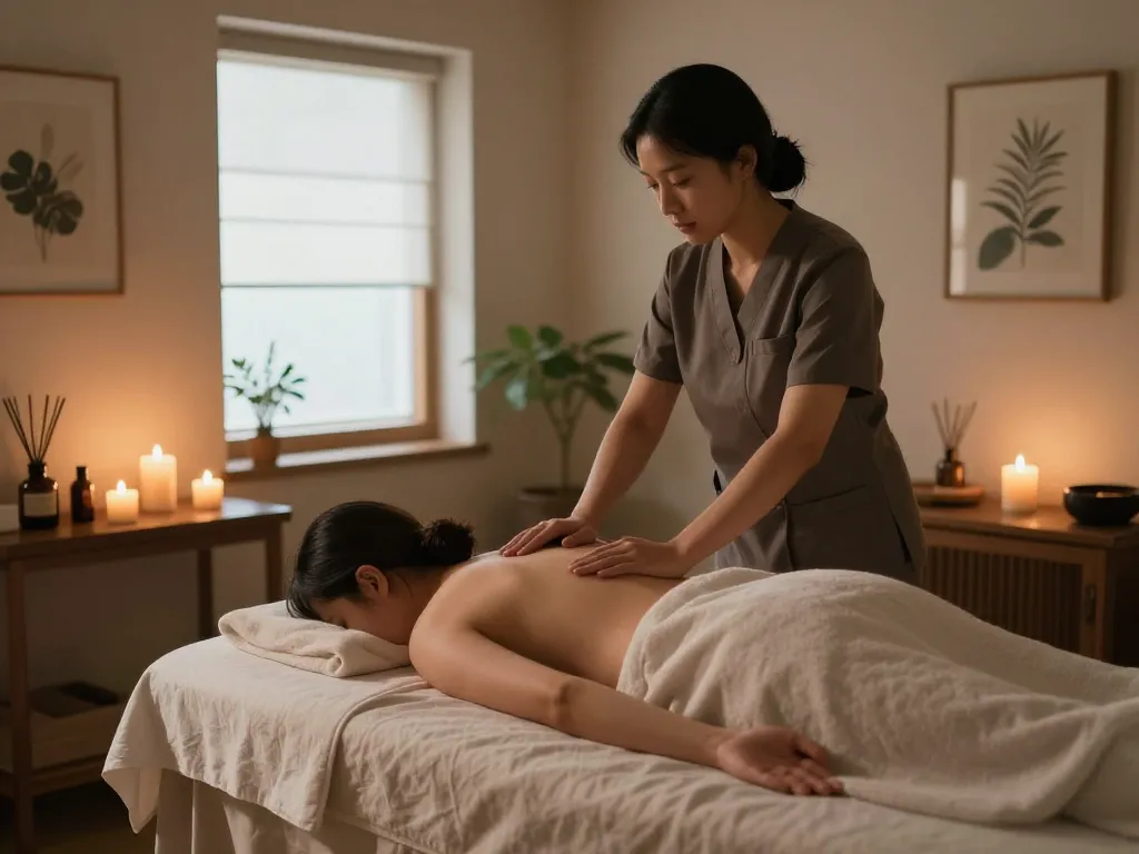 편안한 조명과 진정되는 장식이 있는 고요한 스파에서 신사동마사지 치료 세션.