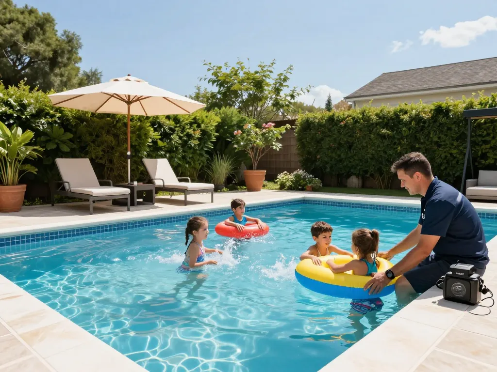 Dolphin Pool Services team maintaining a residential pool while a family enjoys a sunny day by the water.