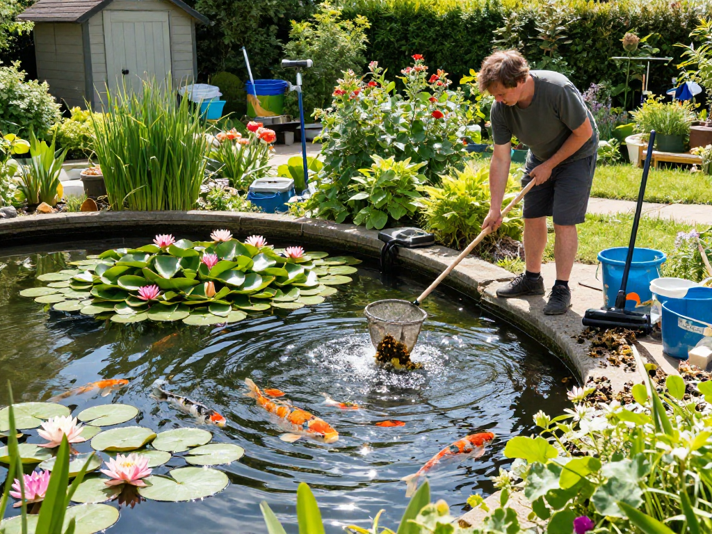 Pond Cleaning Essex with homeowner maintaining a vibrant garden pond, using tools amidst lush greenery.