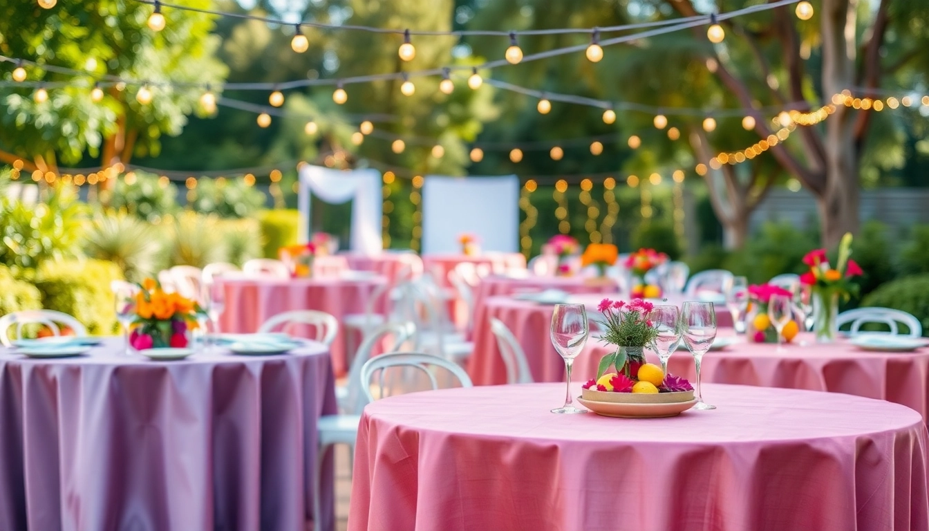 Elegant outdoor event rentals featuring decorated tables and lush greenery.