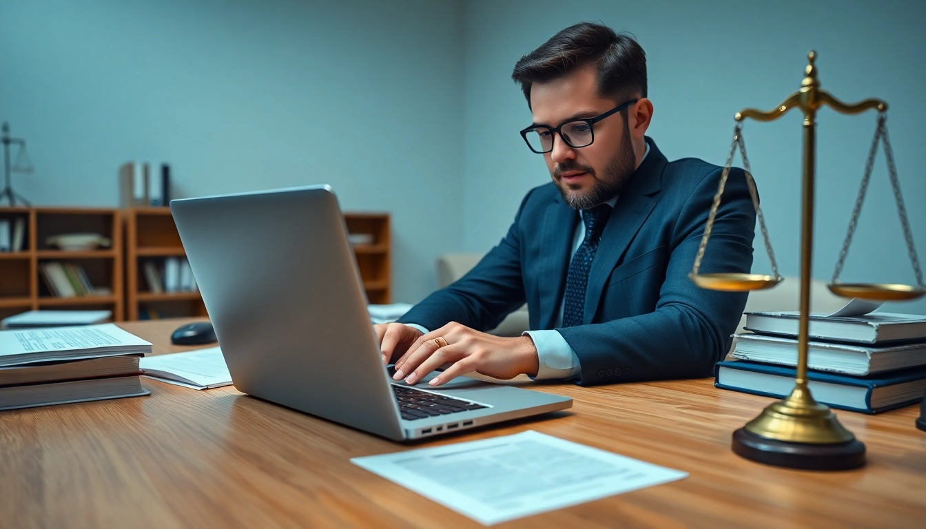 Engaged lawyer utilizing Automated Legal Notice Generation software in a modern office.