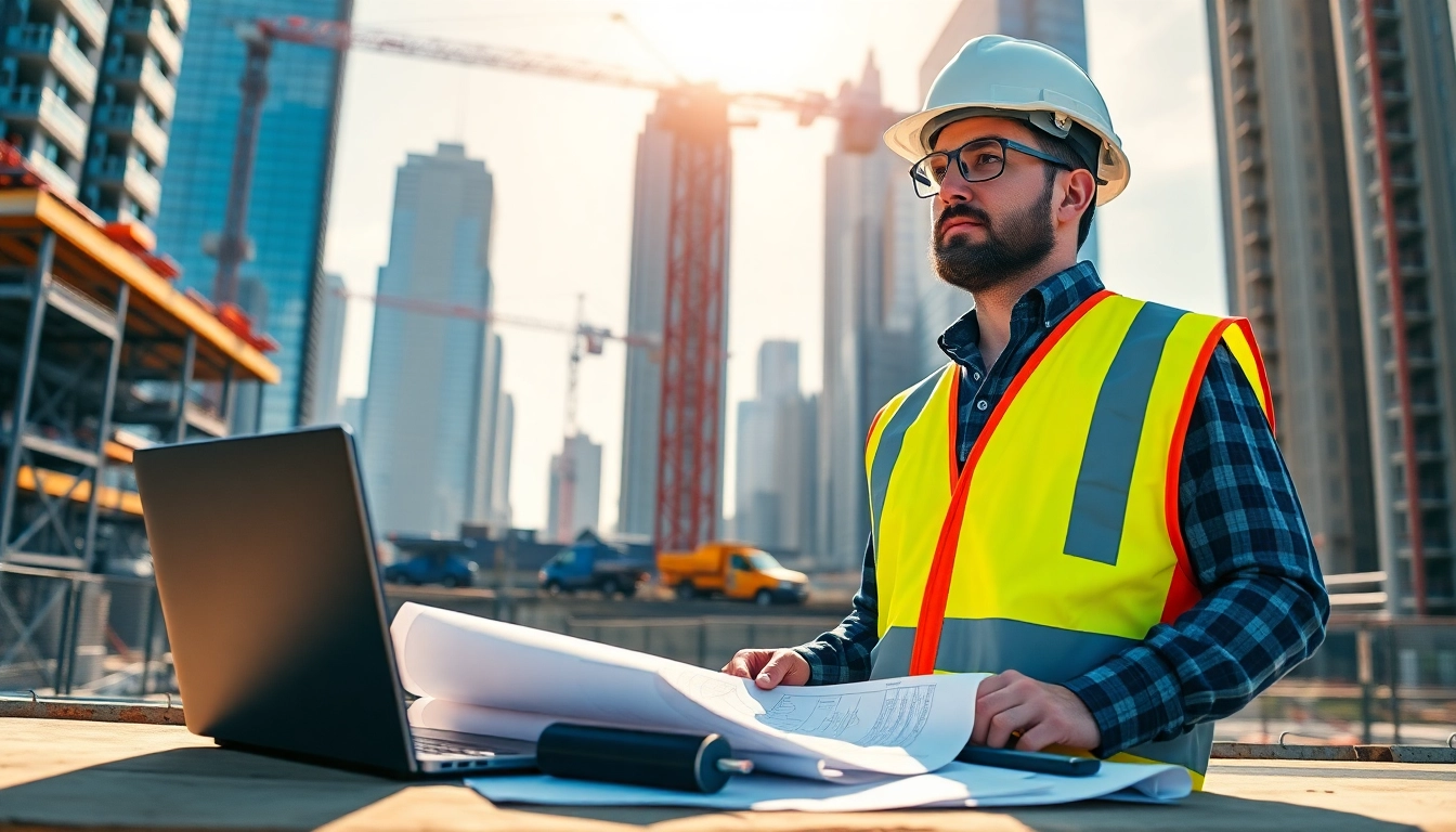 Manhattan Construction Manager coordinating on a busy construction site with blueprints.
