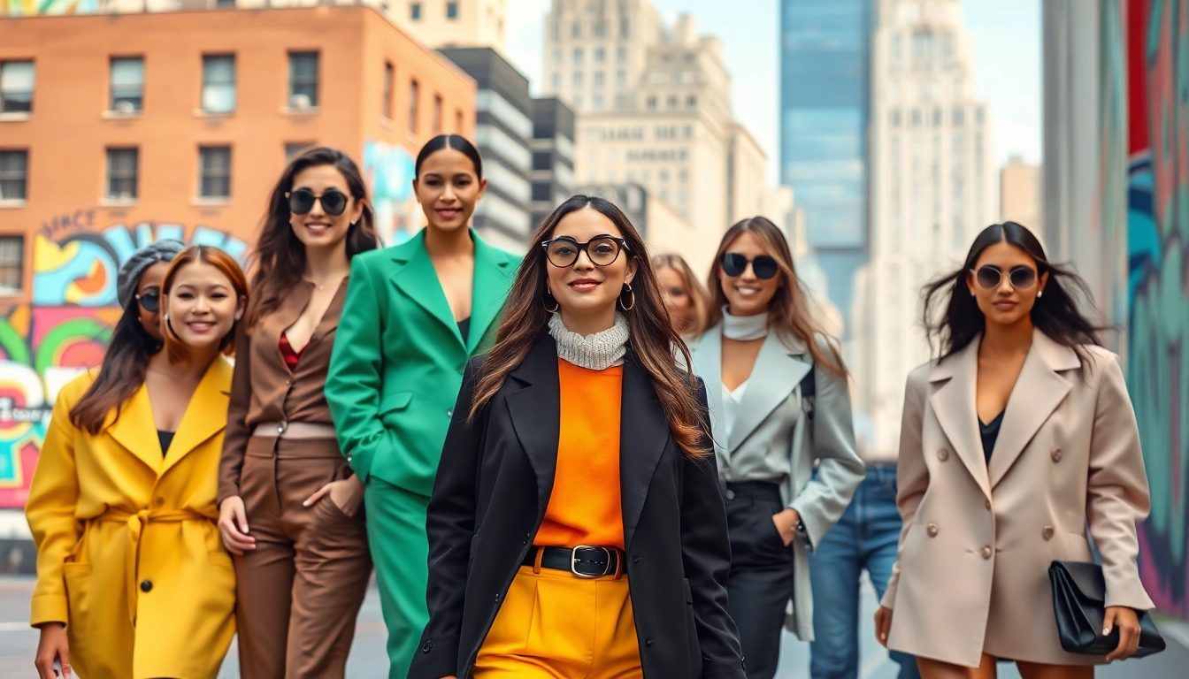 Fashion models displaying vibrant styles in a chic urban setting with city backdrop.