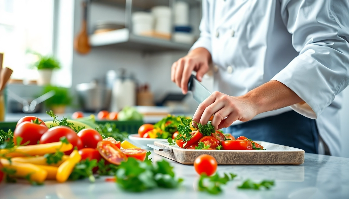 Chef showcasing dish facts with vibrant ingredients in a bright kitchen