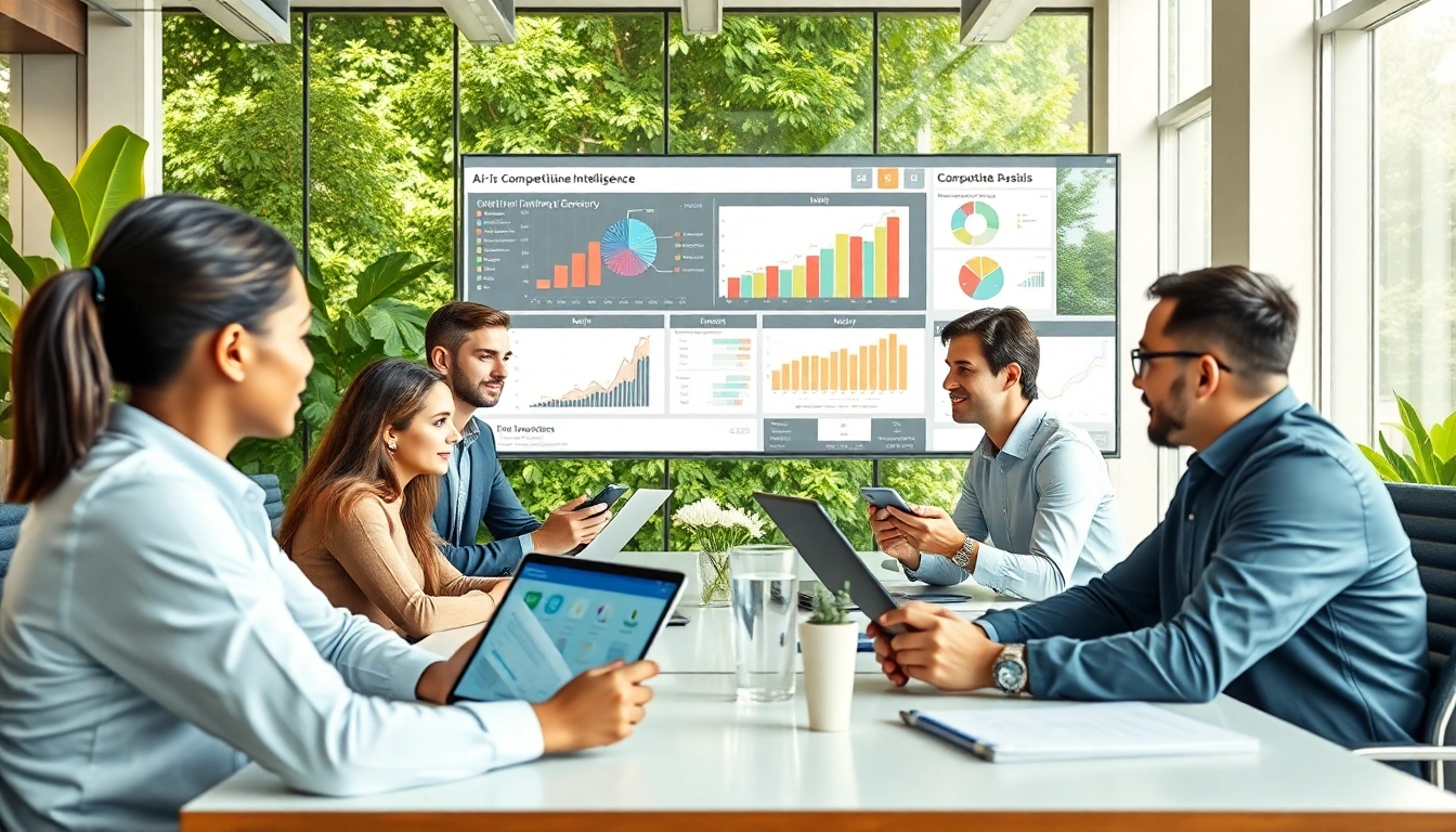 Team collaboration utilizing AI for competitive intelligence to analyze market data insights.