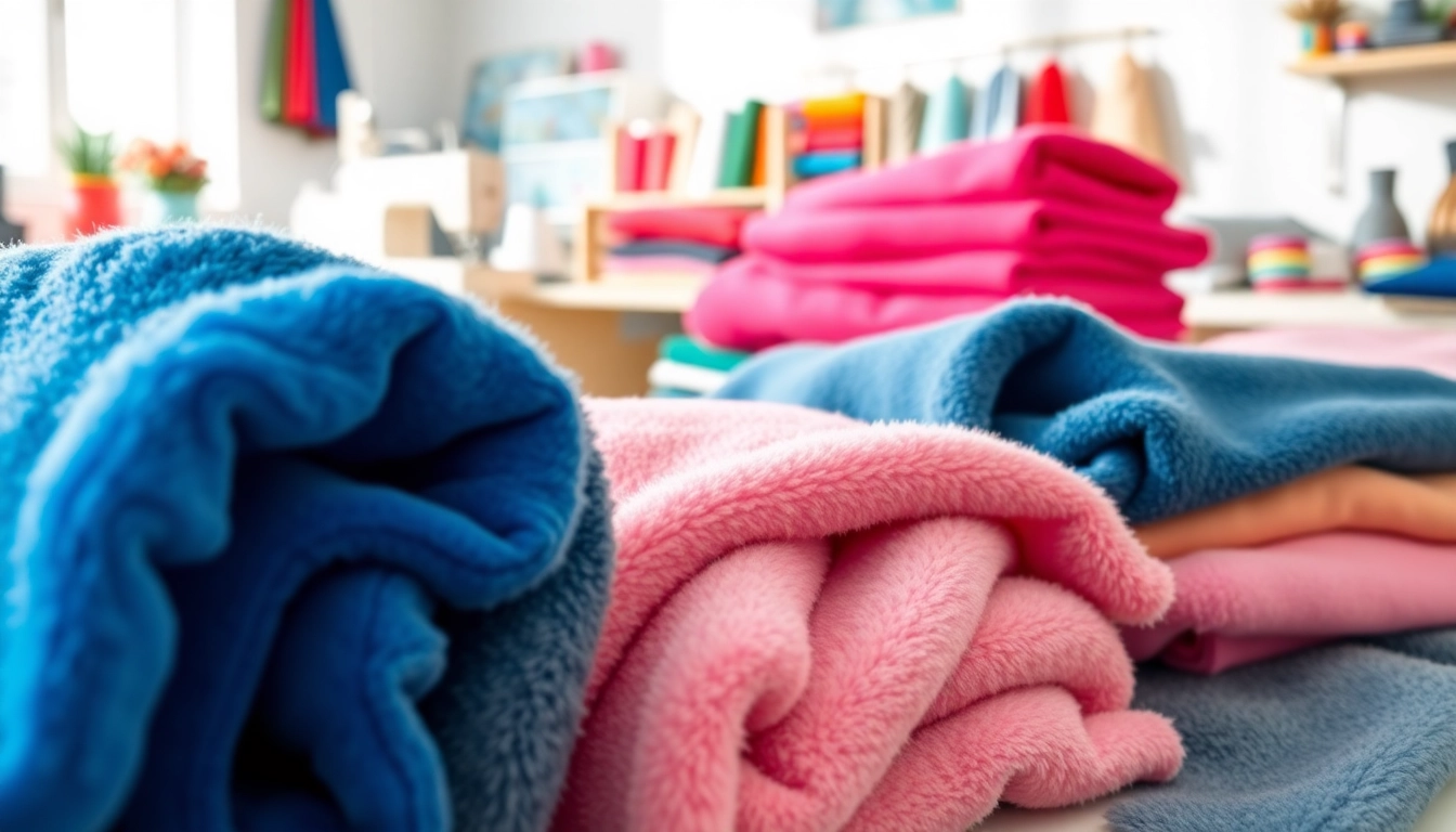 Fleece stof kopen in diverse kleuren en texturen weergegeven in een gezellige naai studio.