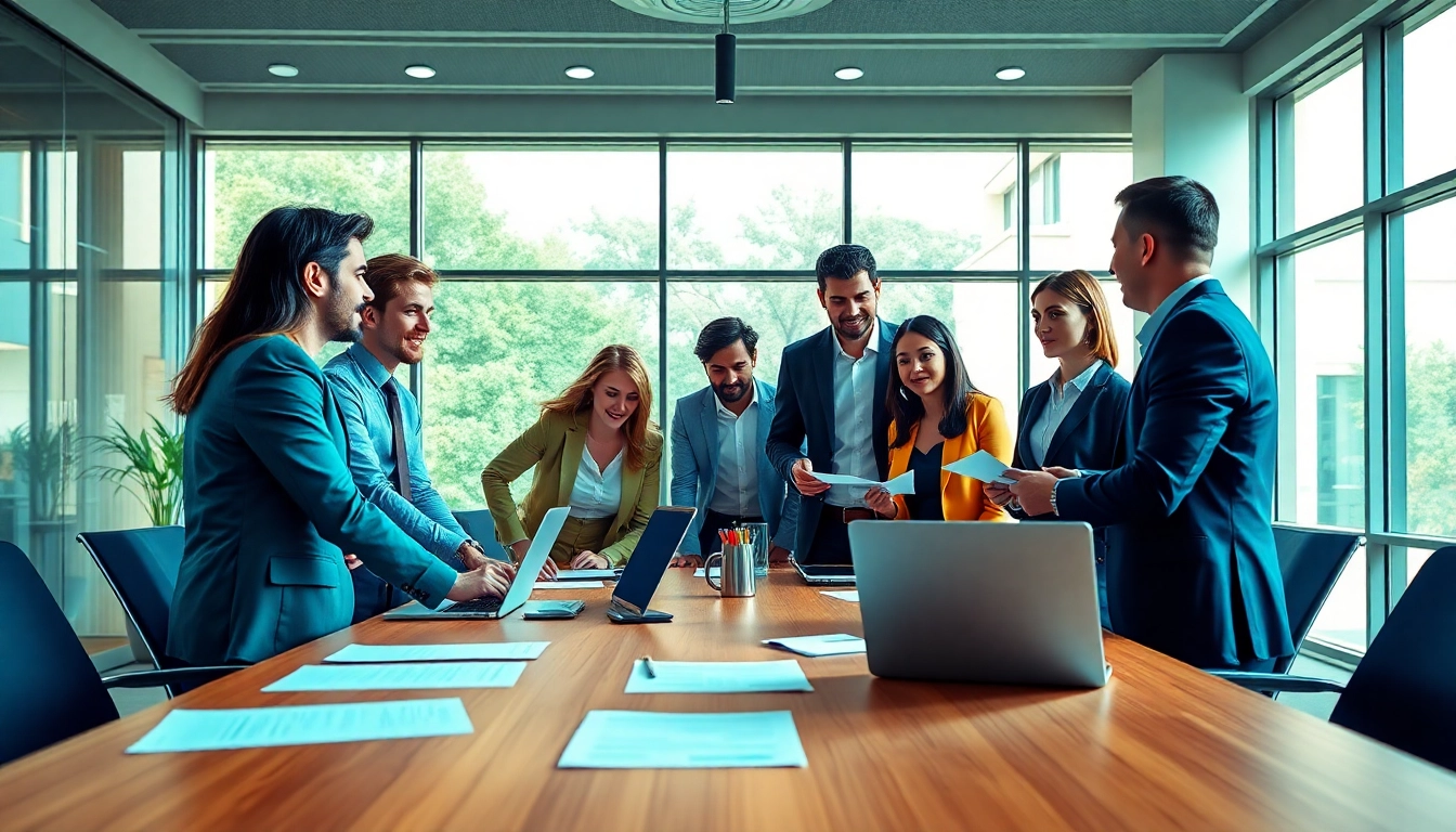 Engaging teamwork scene with Quickplus Business Consultants professionals strategizing in a modern office.