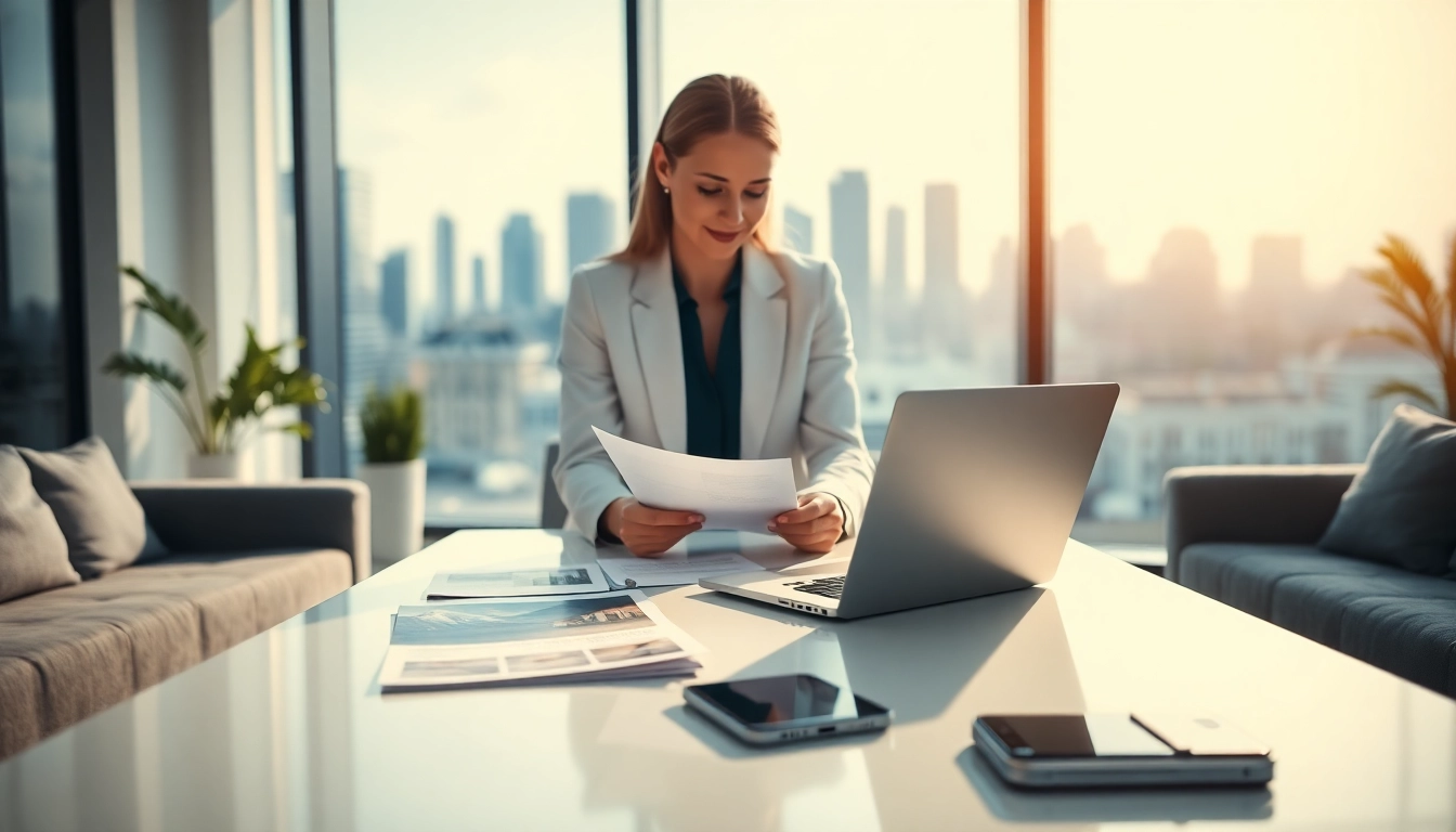 Real Estate agent analyzing listings in a modern office setting with city views.