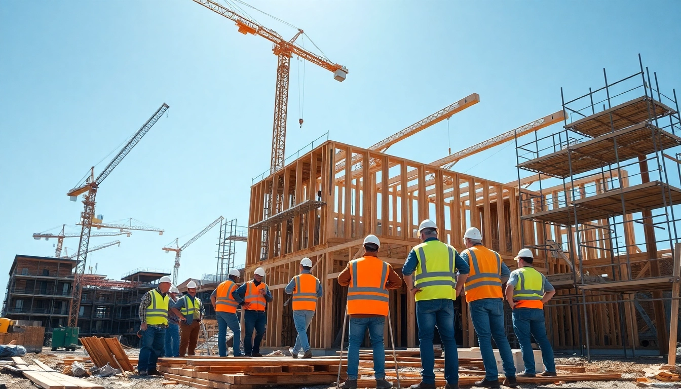 Engaged construction workers at a busy Carolinas construction site exemplify teamwork and skill.